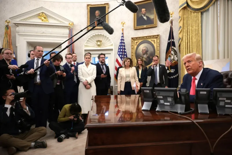 WASHINGTON, DC - MARCH 06: U.S. President Donald speaks before signing executive orders in the Oval Office of the White House on March 06, 2025 in Washington, DC. President Trump signed a series of executive orders, including, lifting 25% tariffs for all goods compliant under USMCA trade agreement, terminating the security clearances of those who work at the law firm Perkins Coie, combating drug trafficking at the northern border and announced a $20 billion investment by shipping giant CMA CGM for U.S. infrastructure and jobs. (Photo by Alex Wong/Getty Images)