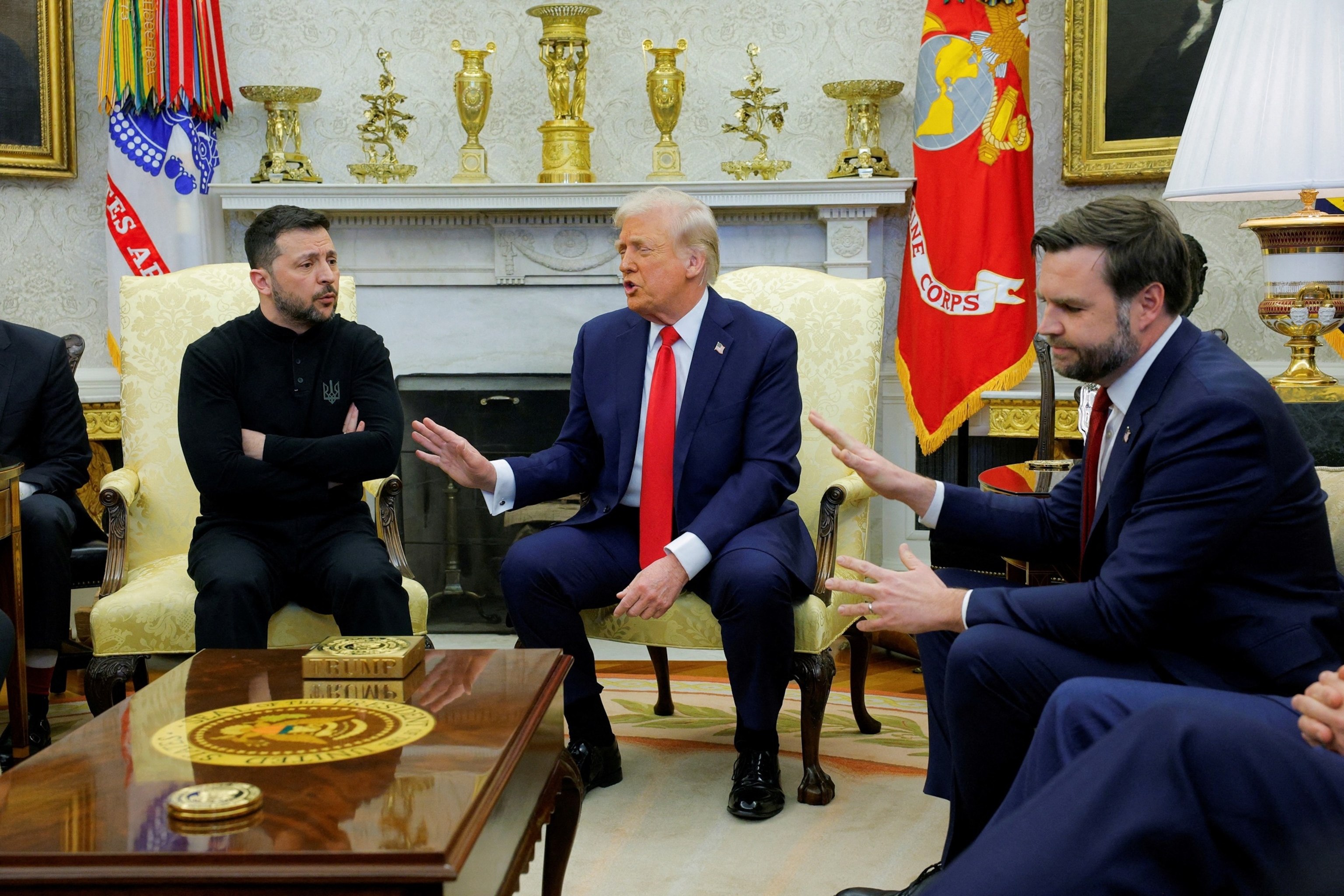 PHOTO: President Donald Trump meets with Ukrainian President Volodymyr Zelenskyy as Vice President JD Vance reacts at the White House in Washington, D.C., Feb. 28, 2025. 