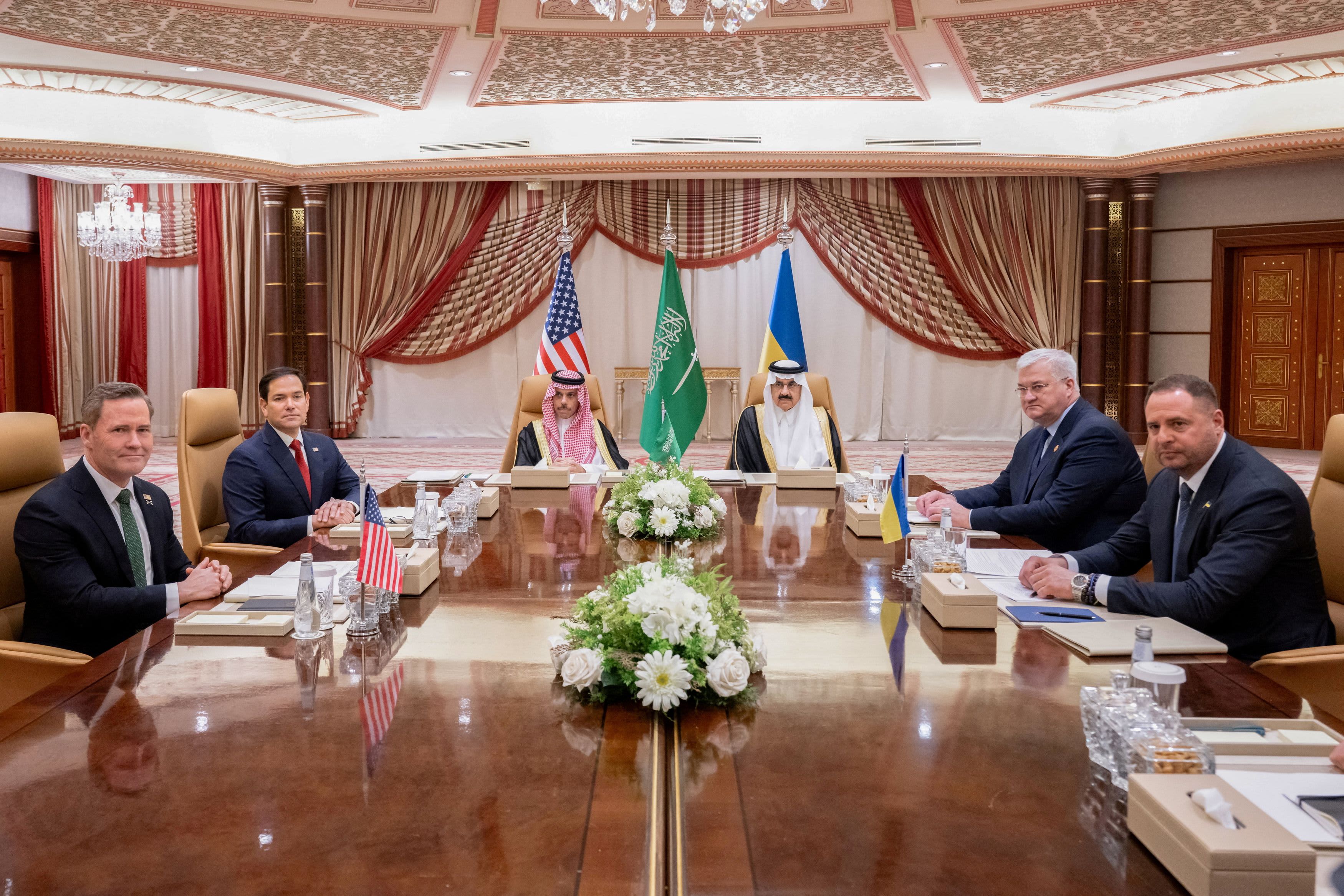 U.S Secretary of State Marco Rubio, U.S National Security Advisor Mike Waltz, Ukrainian Foreign Minister Andrii Sybiha and Ukrainian Head of Presidential Office Andriy Yermak hold a meeting in the presence of Saudi Foreign Minister Faisal bin Farhan and National Security Advisor Mosaad bin Mohammad Al-Aiban, in Jeddah, Saudi Arabia, March 11, 2025. 